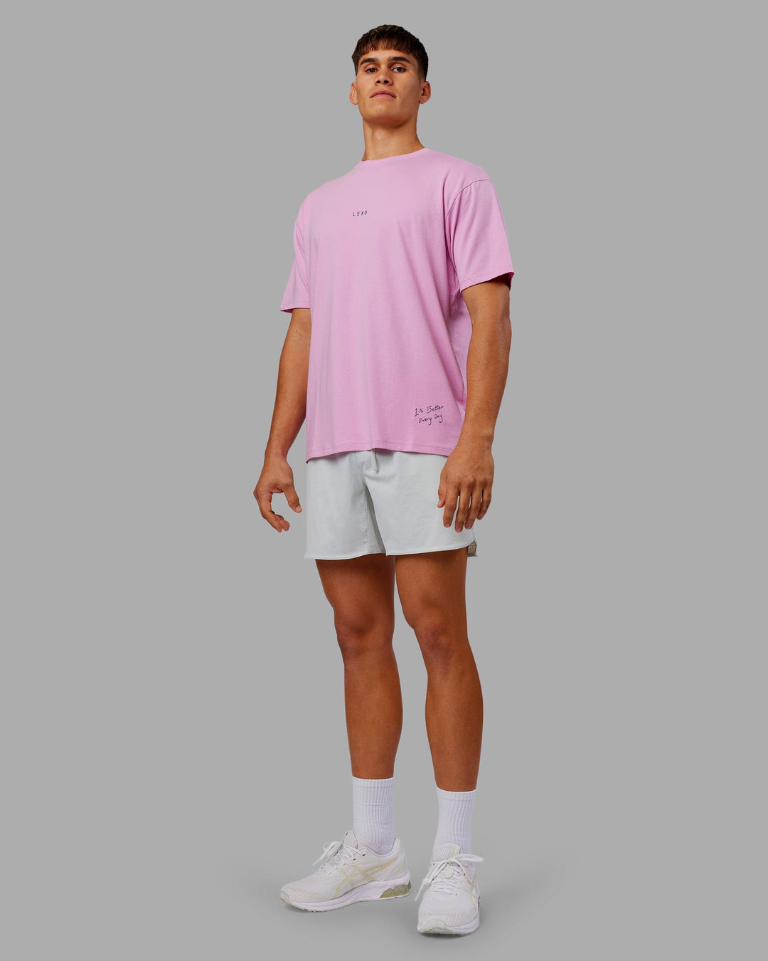 Man wearing ETJ Values FLXCotton Oversize Tee - Bubblegum-Indigo | Model:Jackson | Size:L