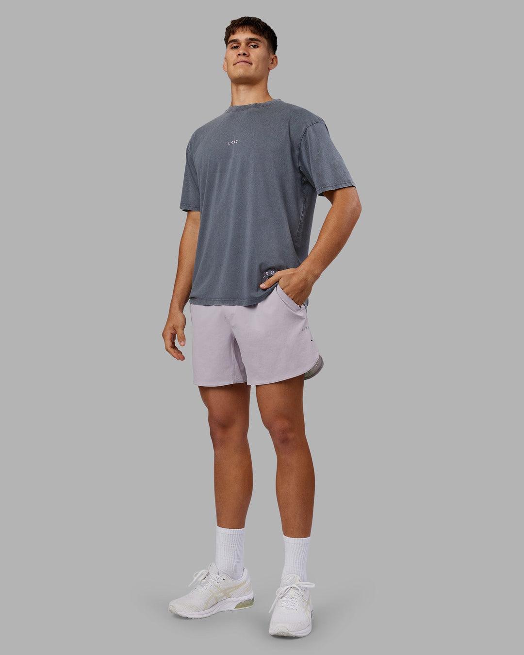 Man wearing ETJ Values FLXCotton Oversize Tee - Dark Grey Washed-Pink | Model:Jackson | Size:L