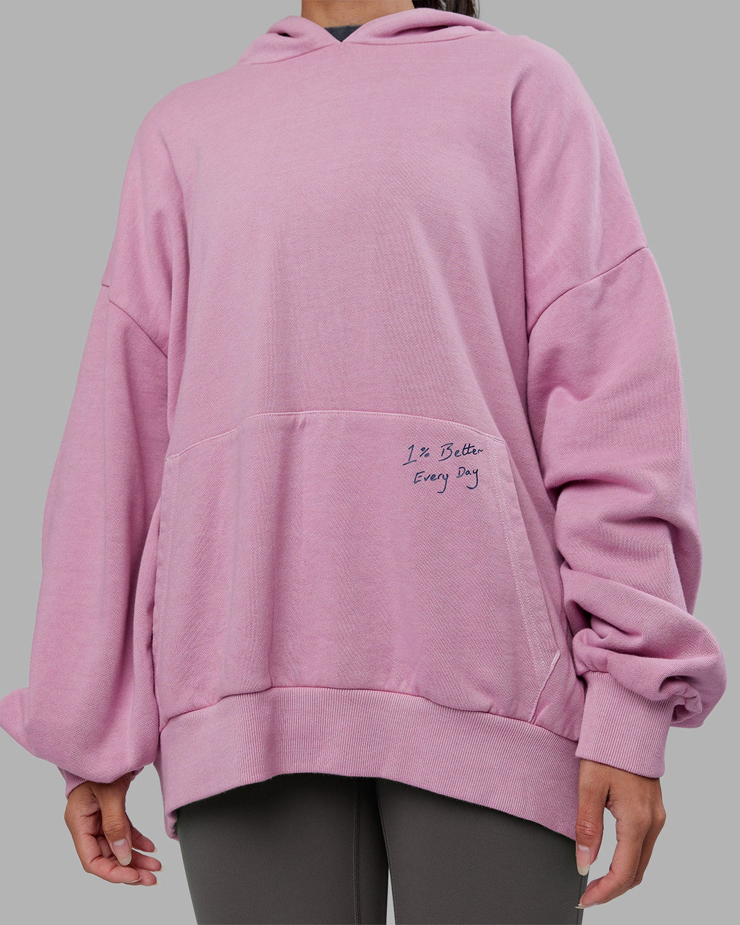 Woman wearing ETJ Values Washed Unisex Oversize Hoodie - Bubblegum-Indigo | Model:Rhiley | Size:L