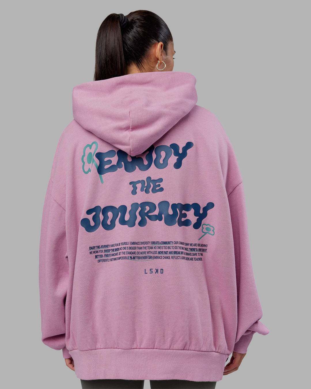 Woman wearing ETJ Values Washed Unisex Oversize Hoodie - Bubblegum-Indigo | Model:Rhiley | Size:L