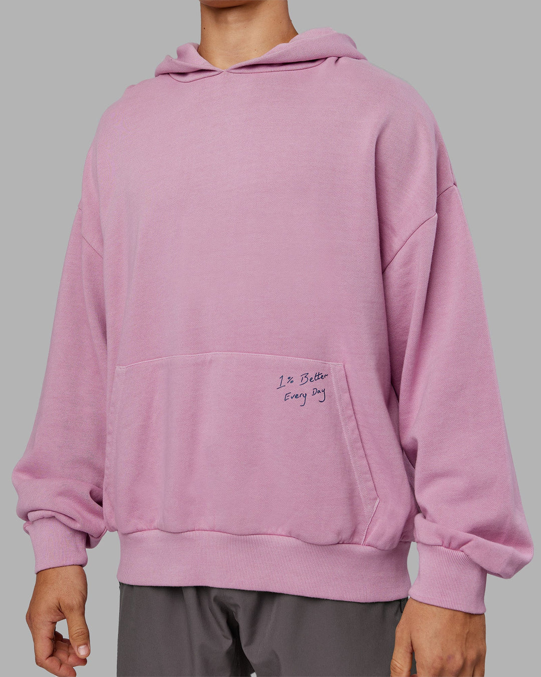 Man wearing ETJ Values Washed Unisex Oversize Hoodie - Bubblegum-Indigo | Model:Jackson | Size:L