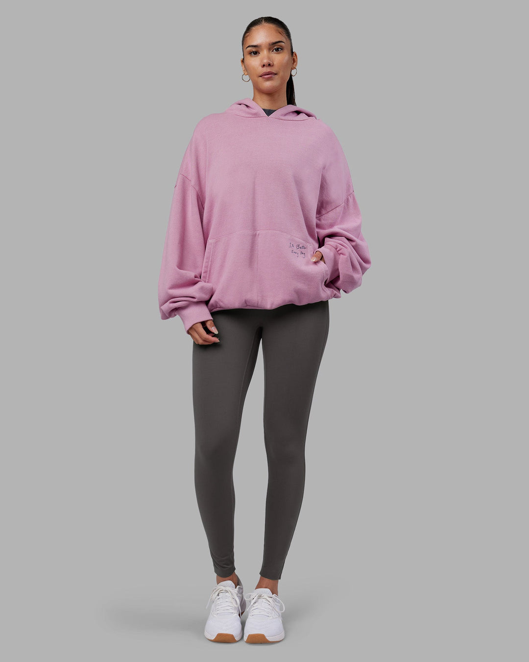 Woman wearing ETJ Values Washed Unisex Oversize Hoodie - Bubblegum-Indigo | Model:Rhiley | Size:L