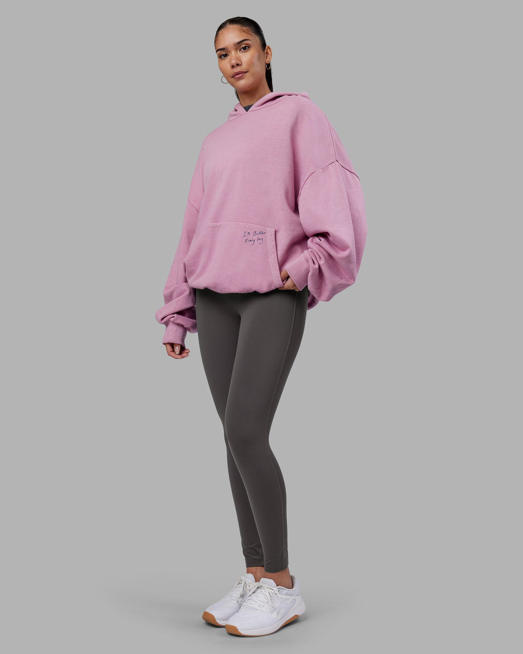 Woman wearing ETJ Values Washed Unisex Oversize Hoodie - Bubblegum-Indigo | Model:Rhiley | Size:L