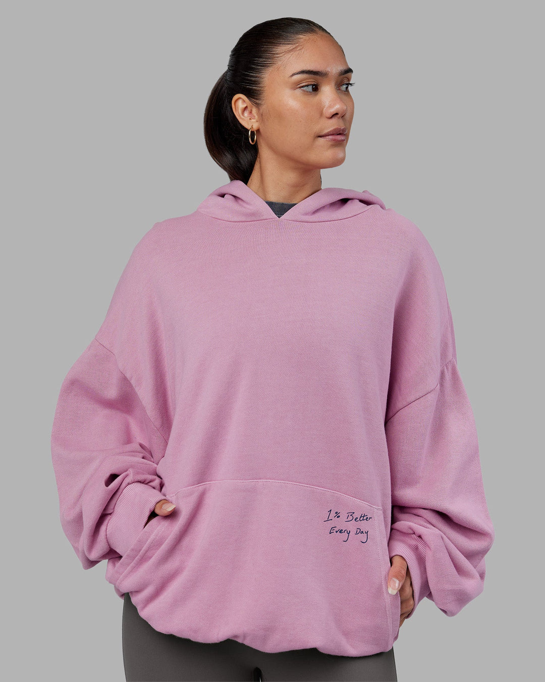 Woman wearing ETJ Values Washed Unisex Oversize Hoodie - Bubblegum-Indigo | Model:Rhiley | Size:L