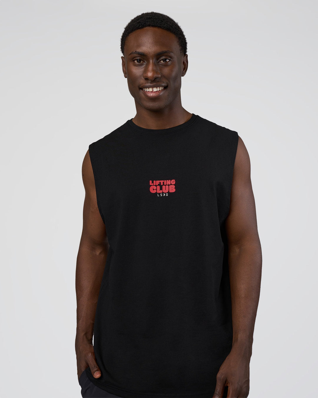Man wearing Kettle-B FLXCotton Muscle Tank - Black-White | Model:Paabio | Size:L