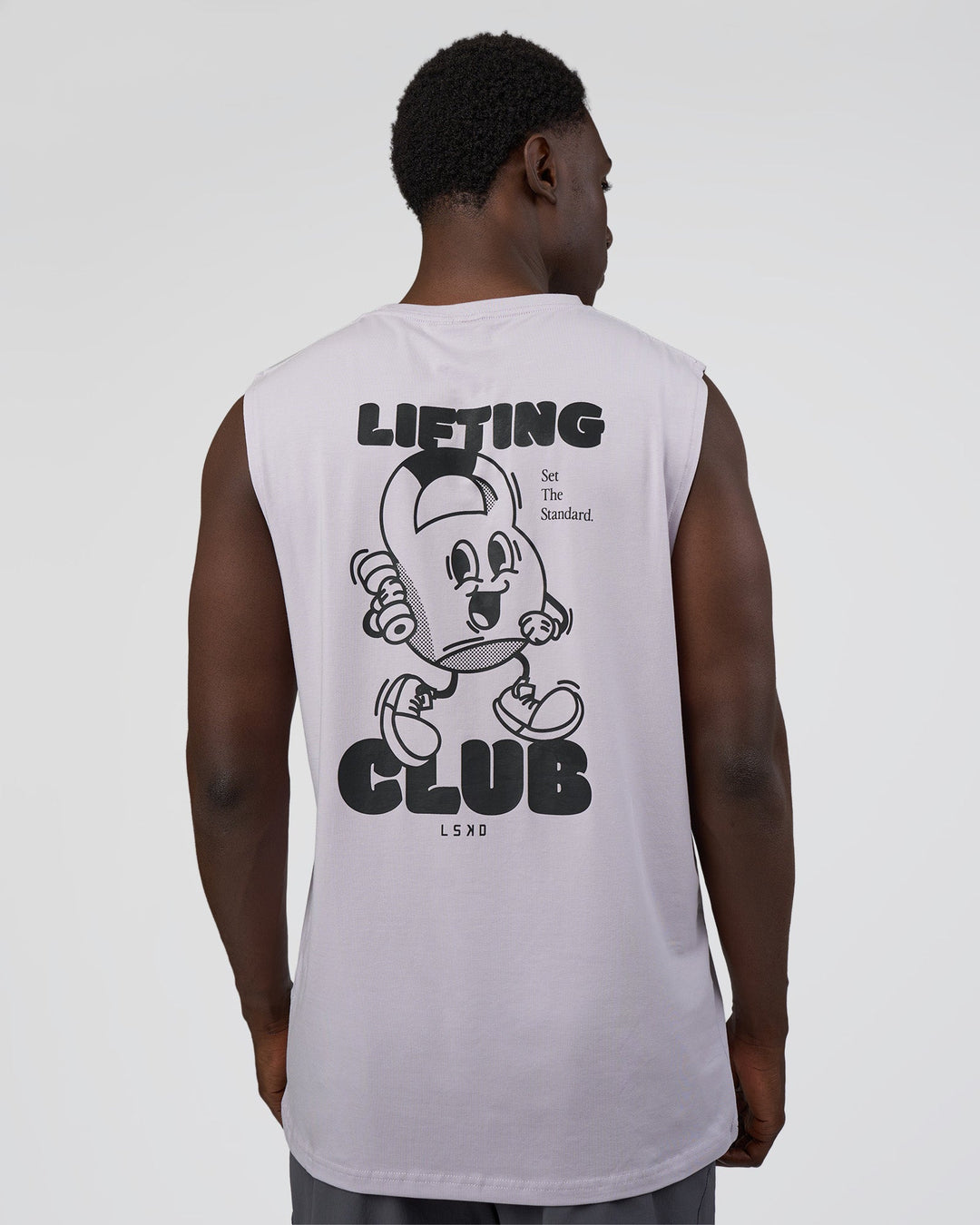 Man wearing Kettle-B FLXCotton Muscle Tank - Galactic Lilac-Black | Model:Paabio | Size:L