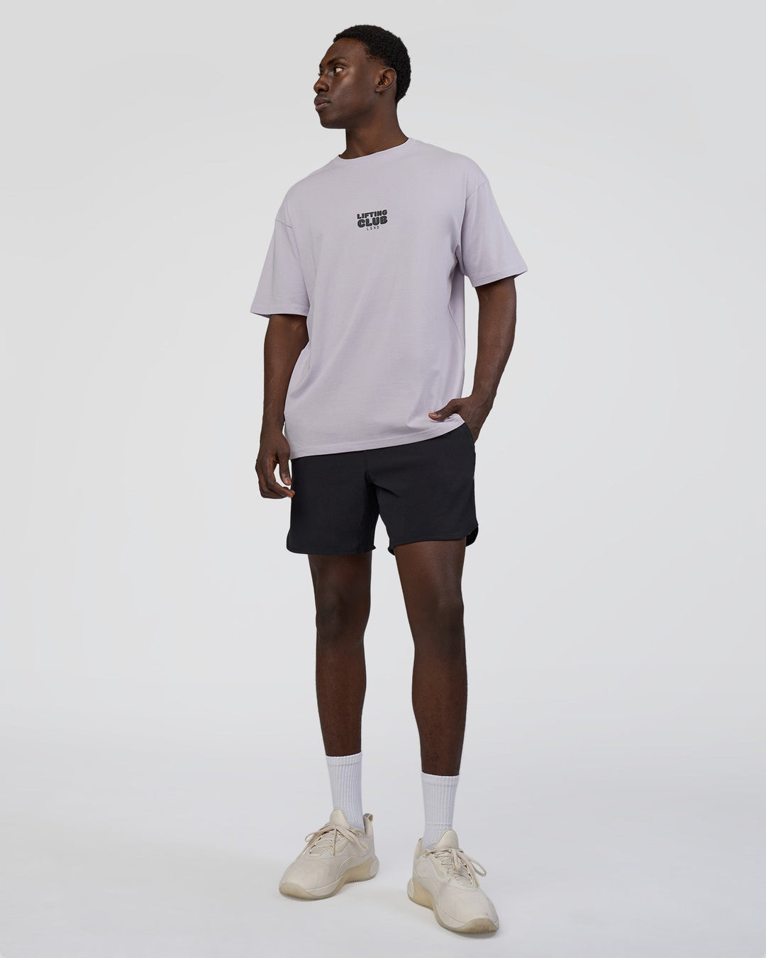 Man wearing Kettle B FLXCotton Oversized Tee - Galactic Lilac-Black | Model:Paabio | Size:L