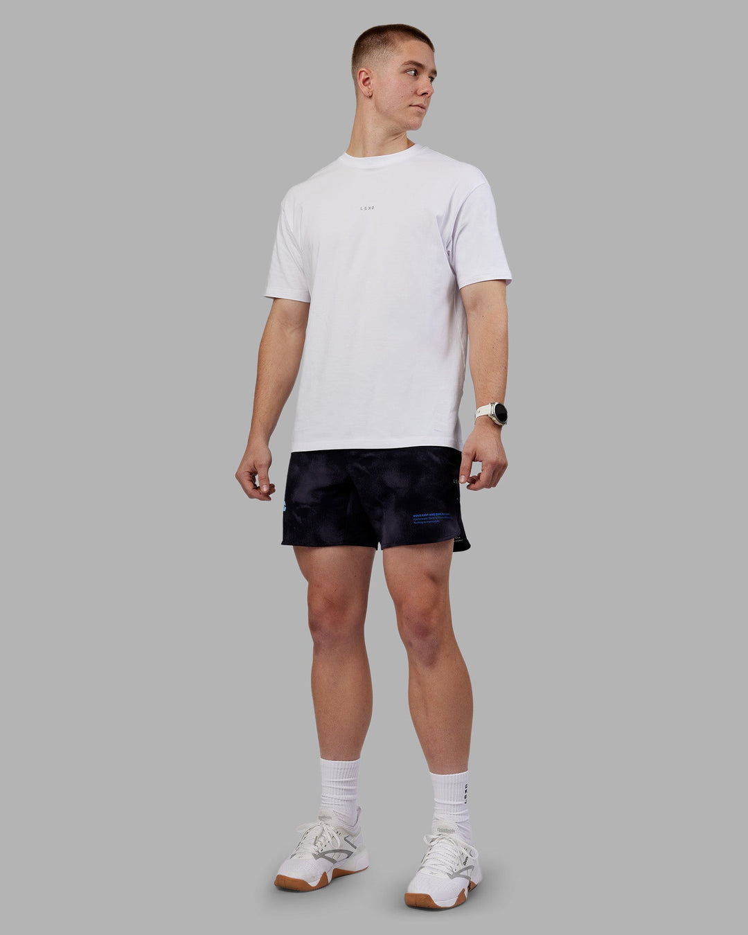 Man wearing Lift 6&quot; Short - Black Washed-Blue | Model:Tom | Size:L
