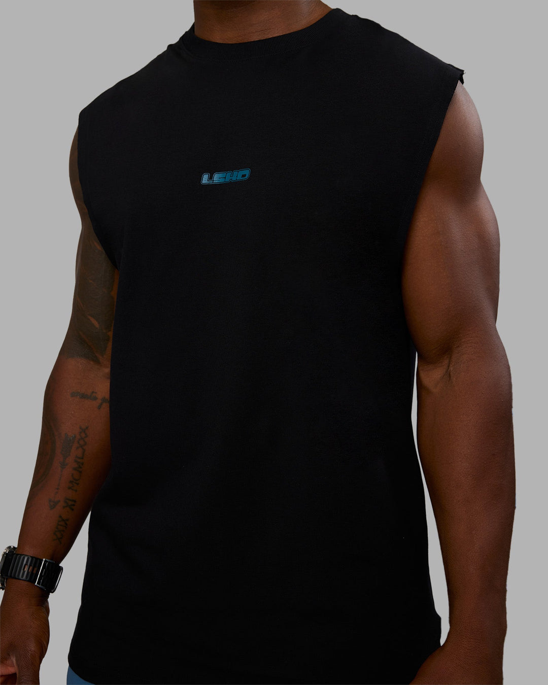 Man wearing Lifting Heavyweight FLXCotton Tank - Black-Blue Coral | Model:Sam | Size:L
