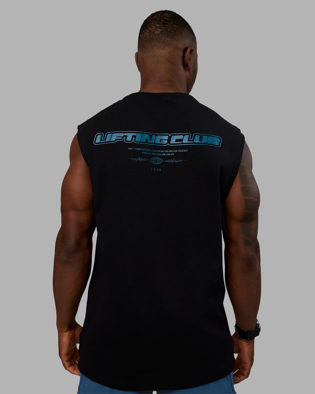 Man wearing Lifting Heavyweight FLXCotton Tank - Black-Blue Coral | Model:Sam | Size:L