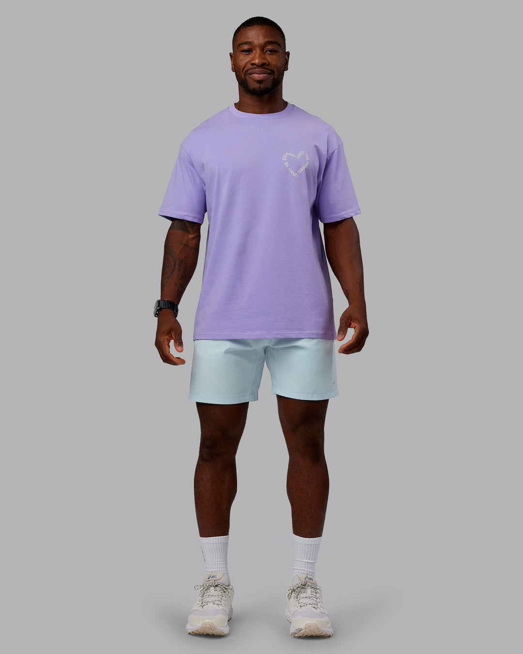 Man wearing Love The Process FLXCotton Oversize Tee - Violet Ray-Bone | Model:Sam | Size:L