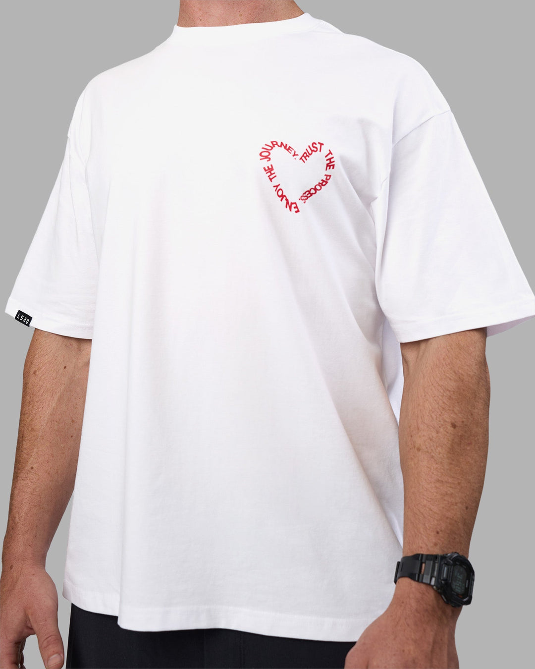 Man wearing Love The Process FLXCotton Oversize Tee - White-Scarlet | Model:Adam | Size:L