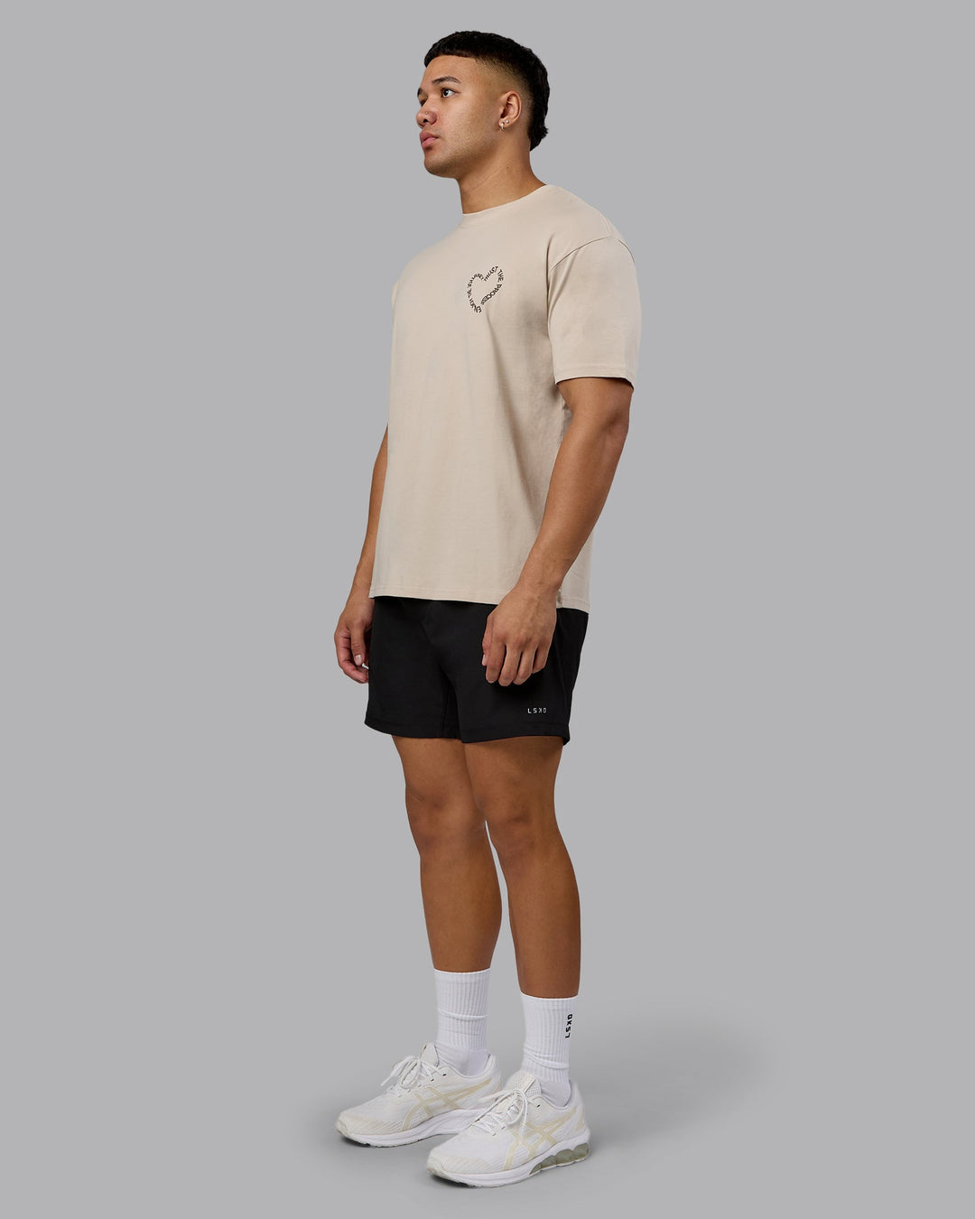 Man wearing Love The Process FLXCotton Oversize Tee - Shale Beige-Choc | Model:Kaelyb | Size:L