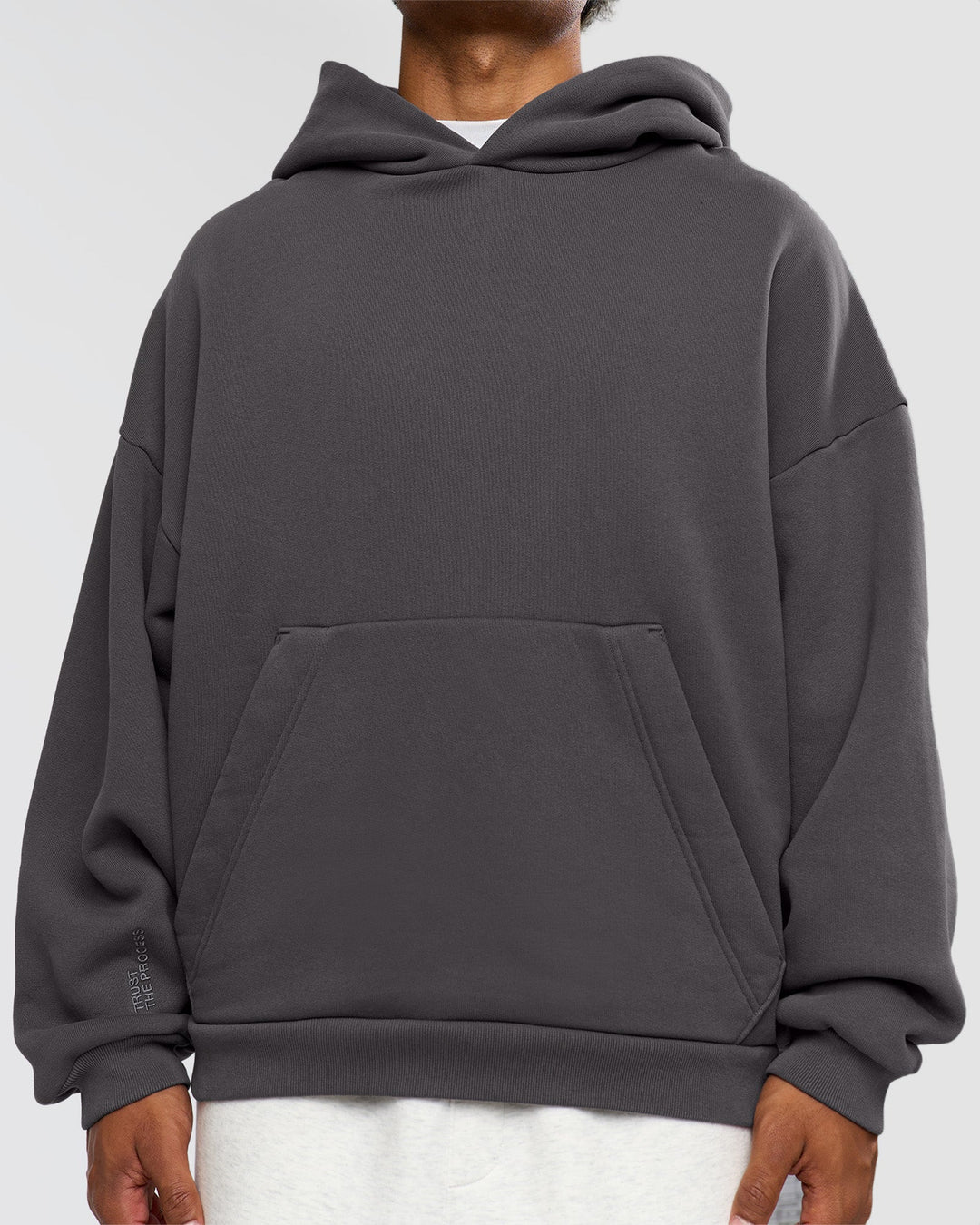 Man wearing Memory In Motion Ultra Heavyweight Washed Hoodie - Dark Storm Washed | Model:Xav | Size:L