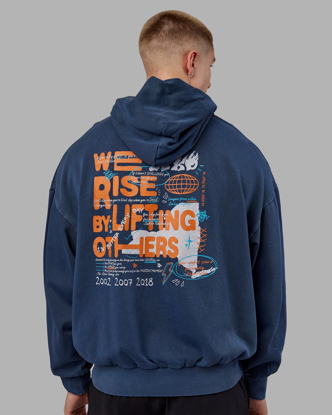 Man wearing NY25 Washed Oversized Hoodie - Future Navy-Ultra Orange | Model:Tom | Size:L