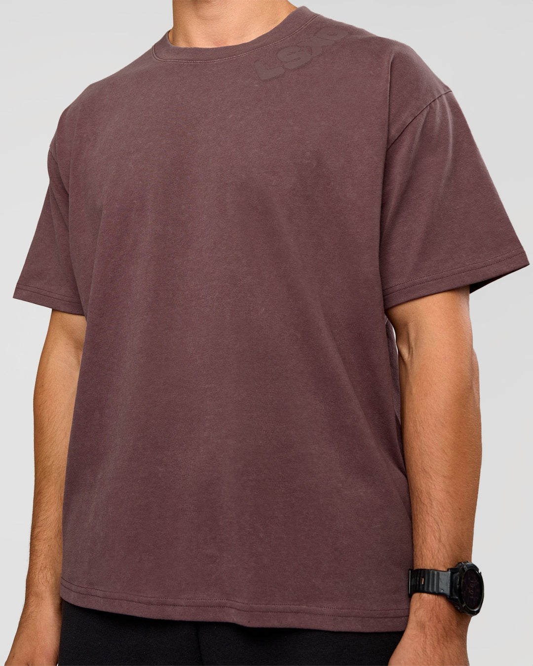 Man wearing Offset Heavyweight Unisex Oversized Tee - Cocoa Powder-Cocoa Powder | Model:Liam | Size:L