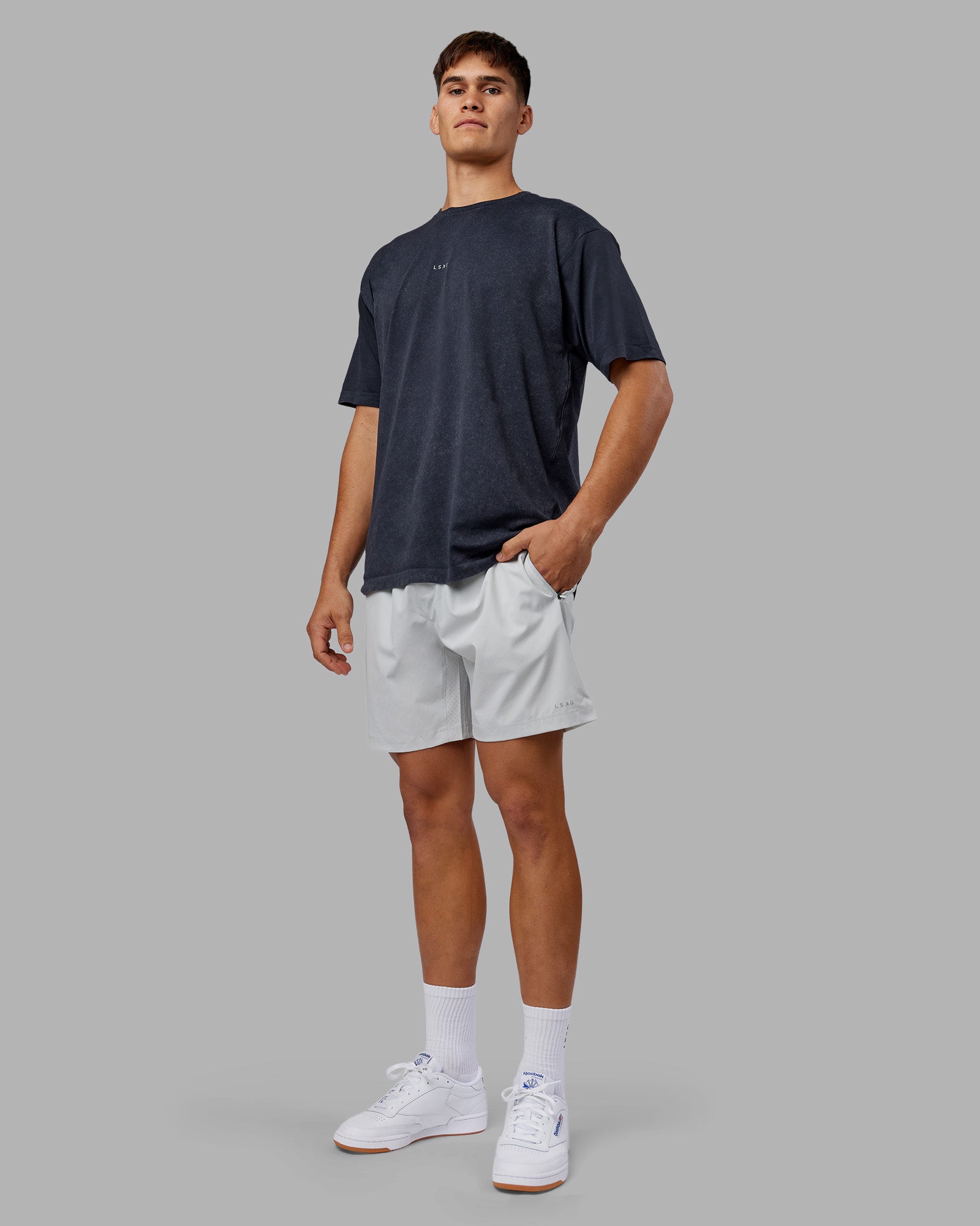 Man wearing Power Oversized Tee - Pirate Black Washed |Model:Jackson | Size:L