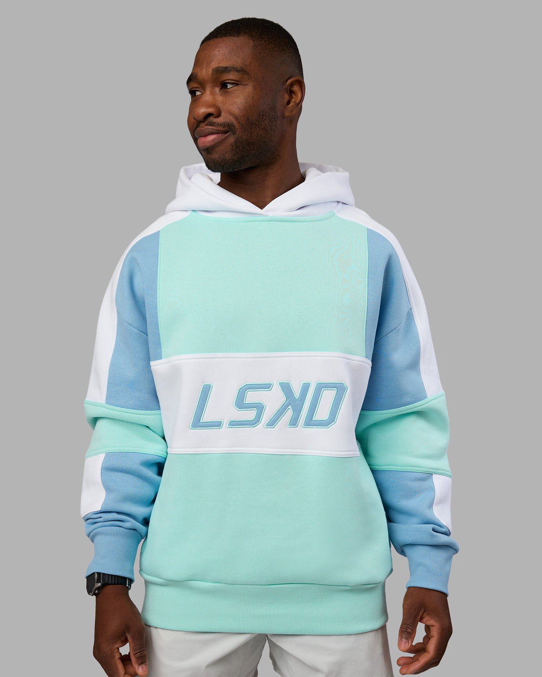 Man wearing Slam Oversized Hoodie - Glacier Lake-Water Spout | Model:Sam | Size:L