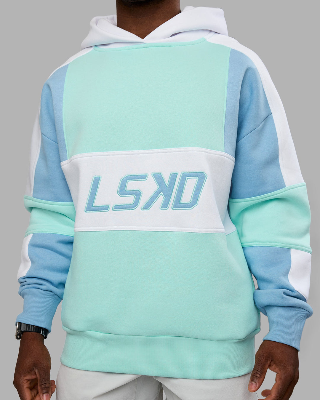 Man wearing Slam Oversized Hoodie - Glacier Lake-Water Spout | Model:Sam | Size:L
