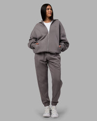 Woman wearing Stream Oversized Panel Zip Hoodie - Storm Front | Model:Rhiley | Size:L