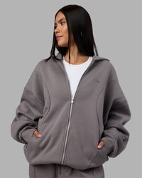 Woman wearing Stream Oversized Panel Zip Hoodie - Storm Front | Model:Rhiley | Size:L
