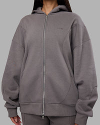 Woman wearing Stream Oversized Panel Zip Hoodie - Storm Front | Model:Rhiley | Size:L