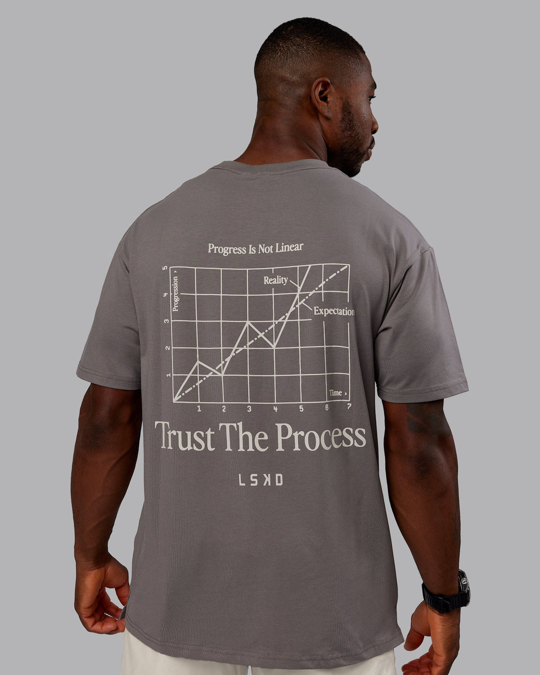 Man wearing Trust The Process 2.0 FLXCotton Tee Oversize - Storm Front-Shale Beige | Model:Sam | Size:L