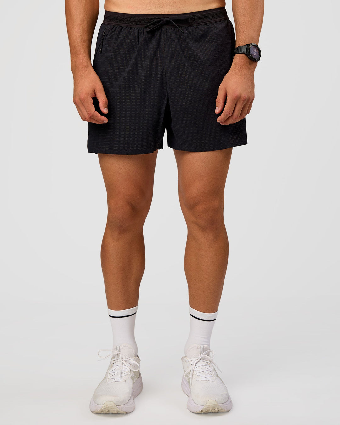 Man wearing UltraAir 5" Lined Performance Short  - Black-Reflective | Model:Liam | Size:L - view 4
