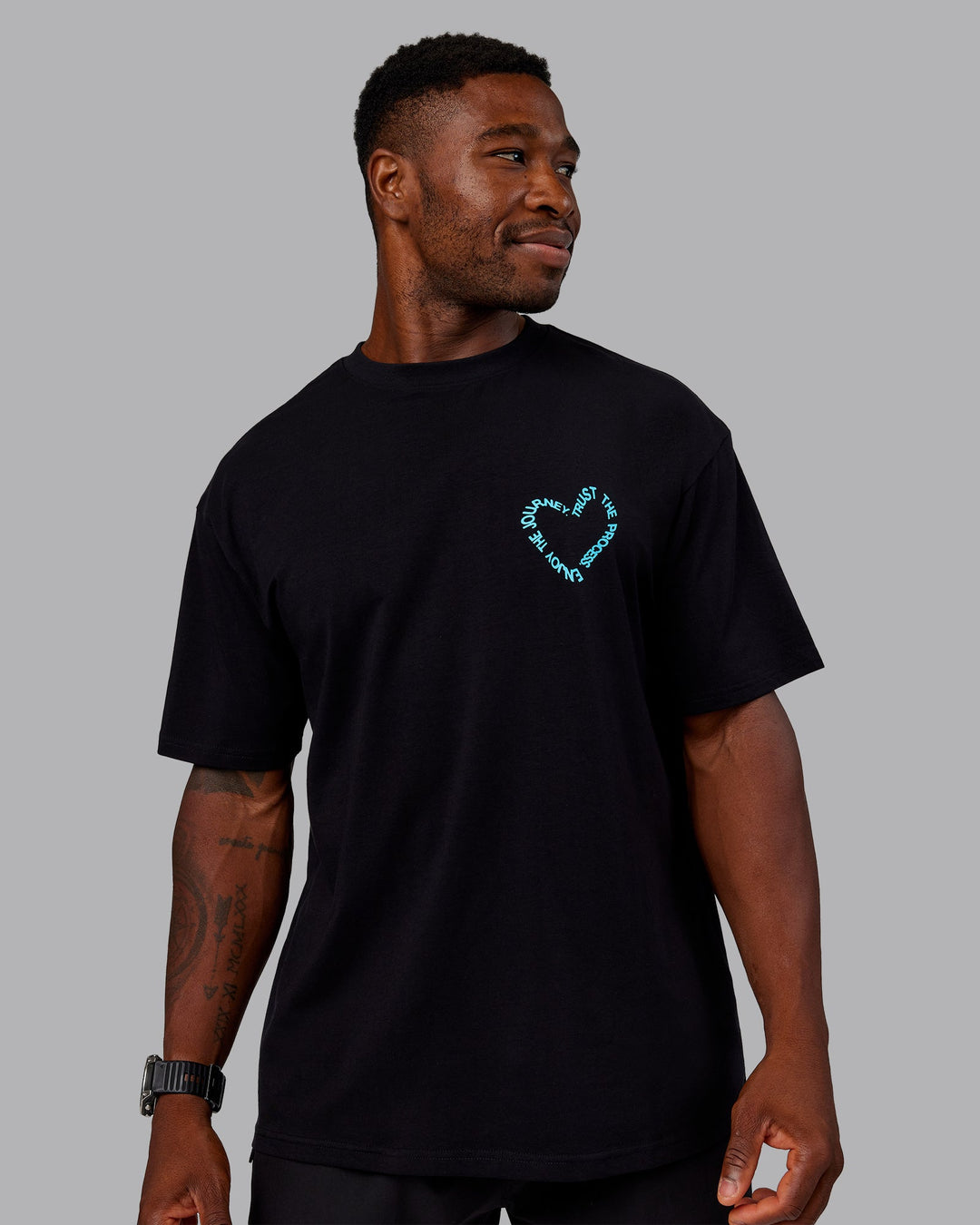 Man wearing Love The Process FLXCotton Oversize Tee - Black-Blue Atoll | Model:Sam | Size:L