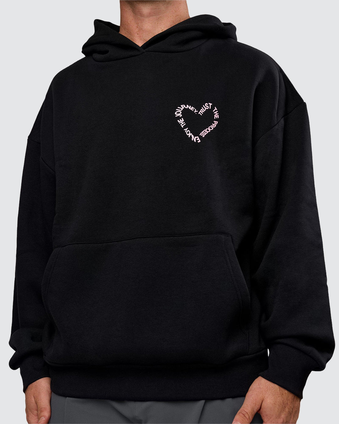 Man wearing Unisex Love The Process Oversize Hoodie - Black-Marshmallow | Model:Adam | Size:L