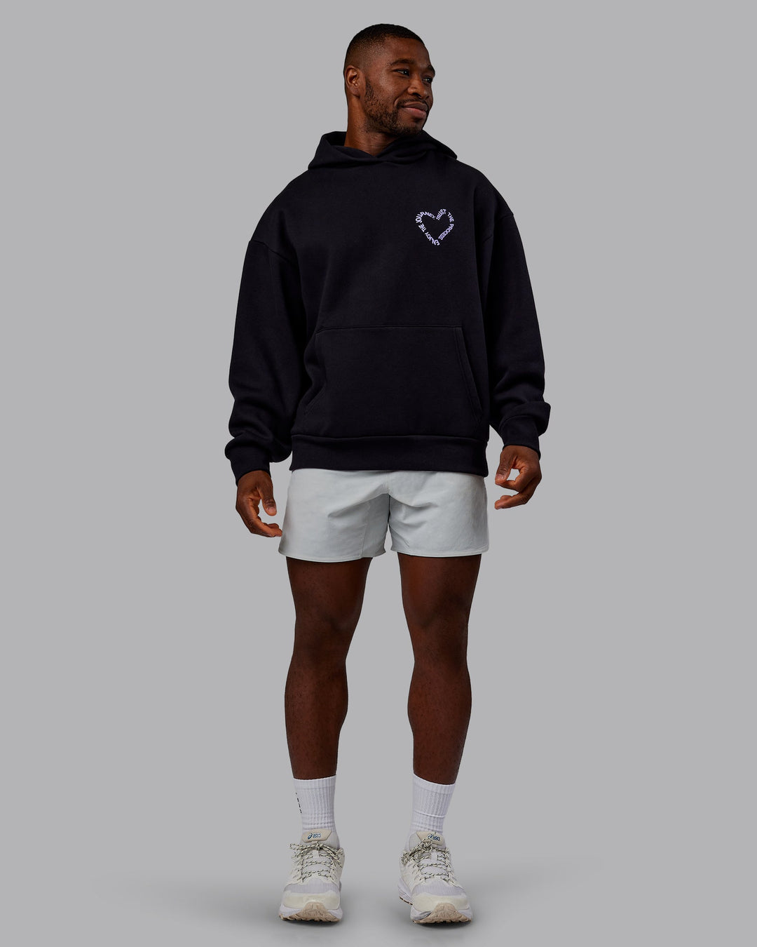Man wearing Unisex Love The Process Oversize Hoodie - Black-Violet Ray | Model:Sam | Size:L