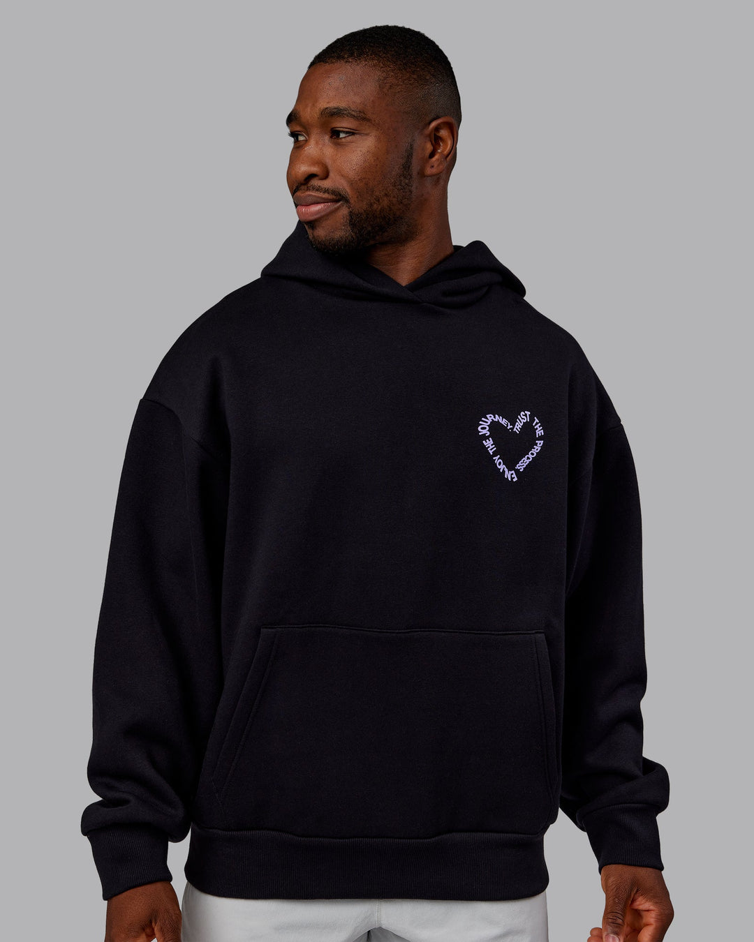 Man wearing Unisex Love The Process Oversize Hoodie - Black-Violet Ray | Model:Sam | Size:L