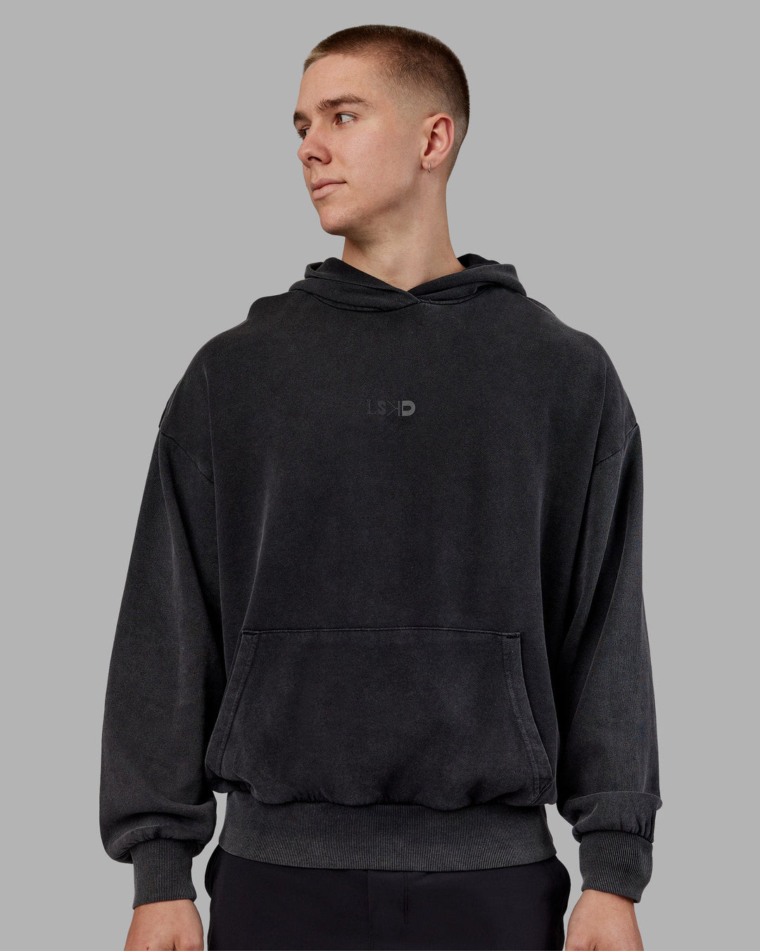 Man wearing Variation Washed Oversized Hoodie - Black-Black | Model:Tom | Size:L
