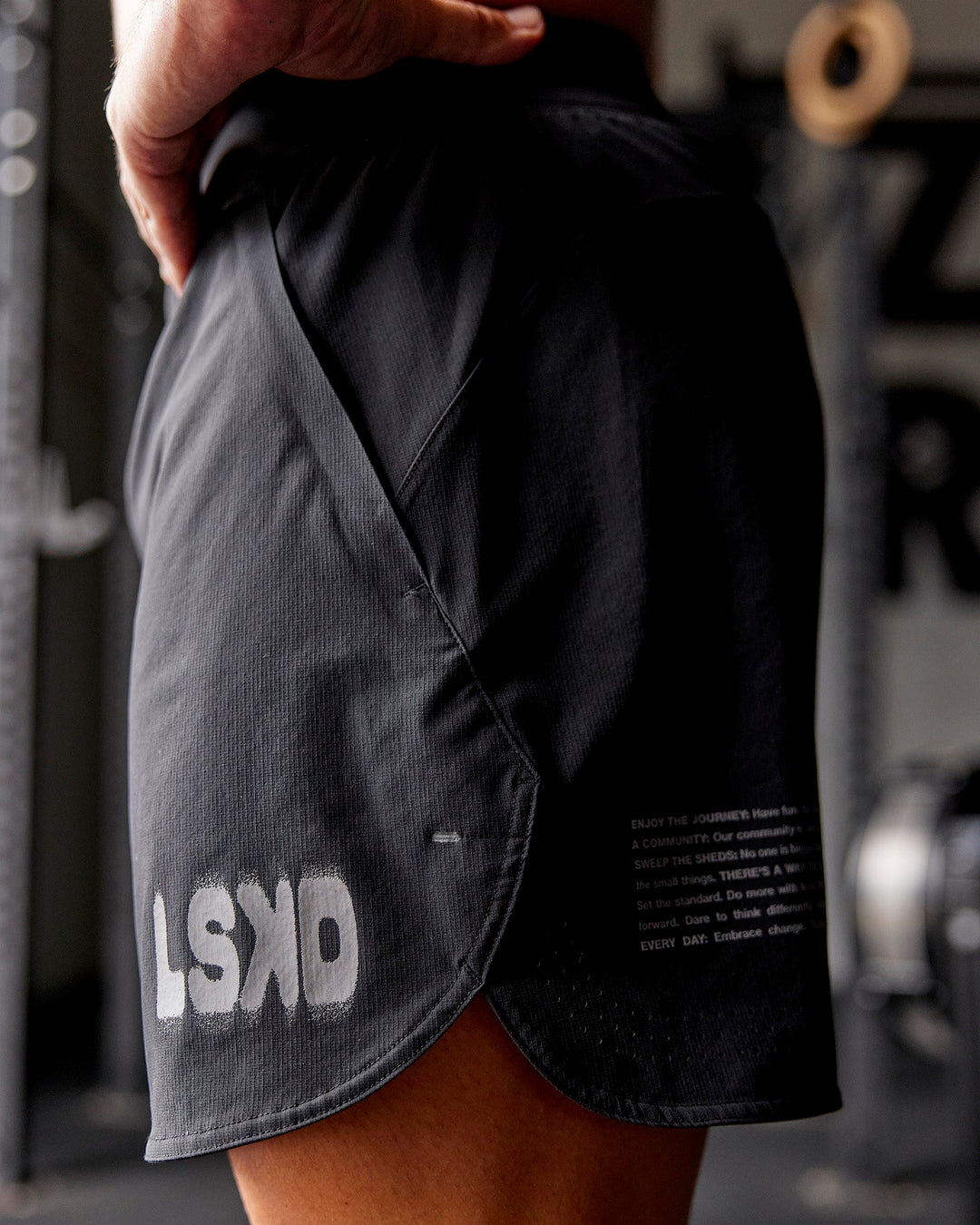 Man wearing Static Grit Lift 6" Short - Black-Alloy | Model:Jaiden | Size:M