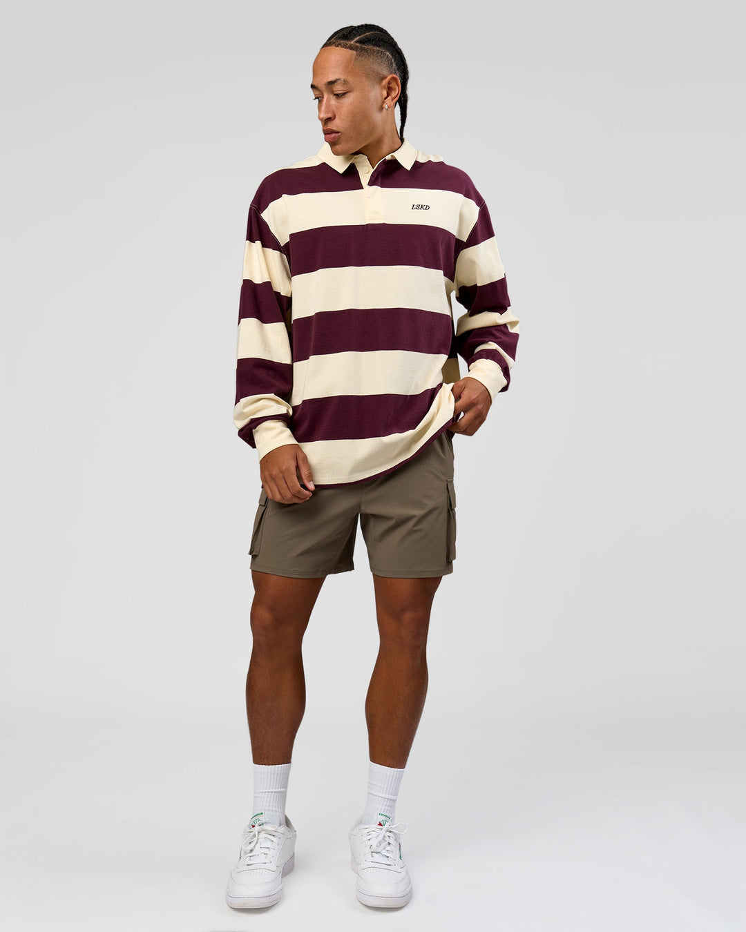 Man wearing Clubhouse Rugby Polo - Off White-Cherry | Model:Malebo | Size:M 