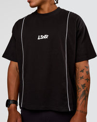 Man wearing Axis Heavyweight Oversized Boxed Tee - Black-White | Model:Malebo | Size:M