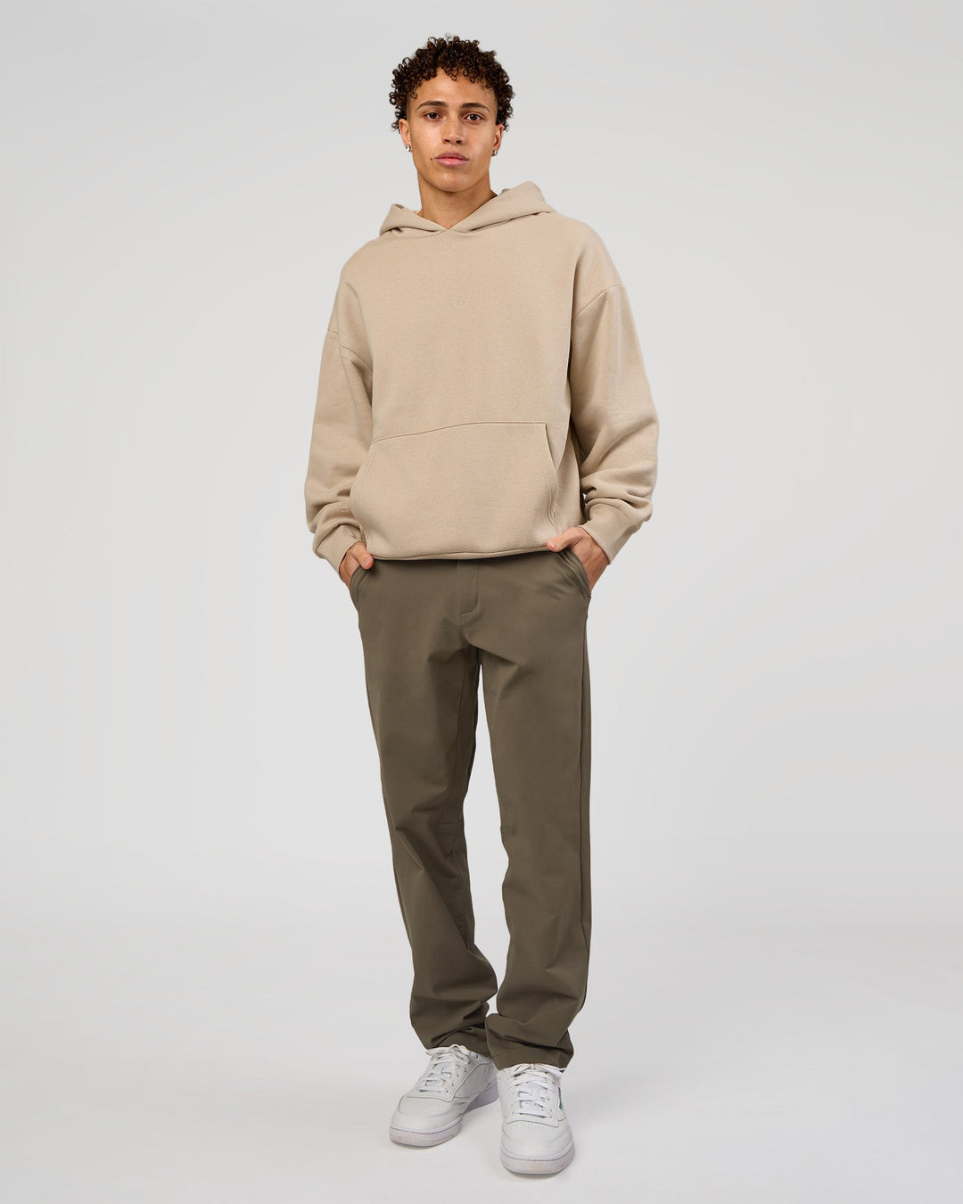 Man wearing Base Oversized Hoodie - Shale Beige | Model:Leandro | Size:M | - view 4