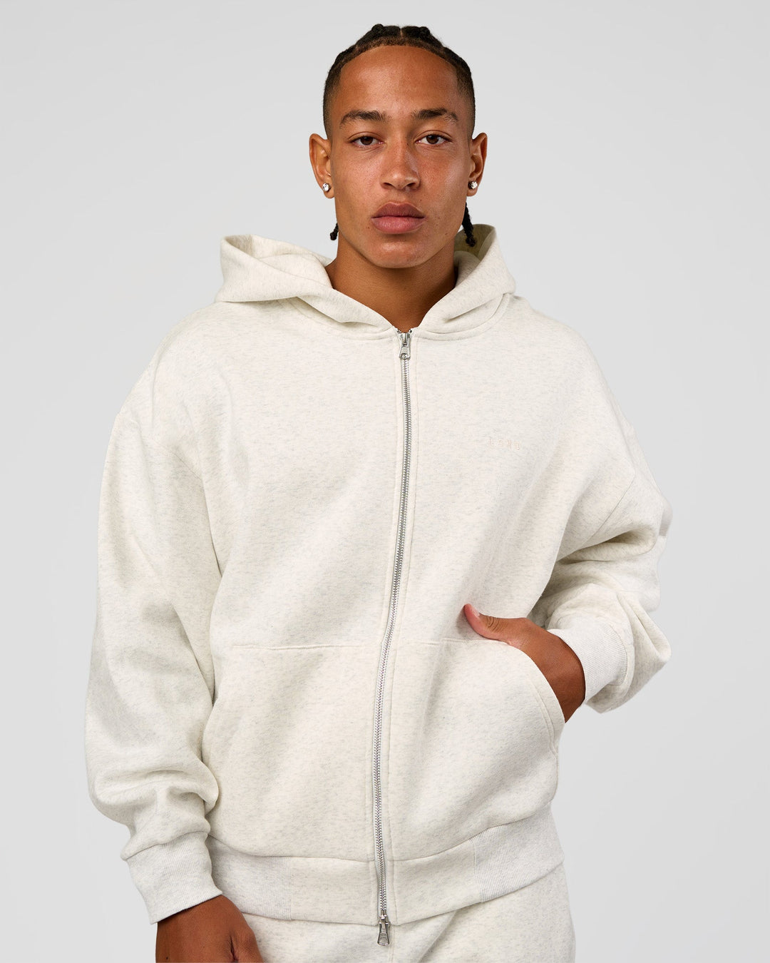 Man wearing Base Zip Through Oversized Hoodie - Silver Marl | Model:Malebo | Size:M - view 1