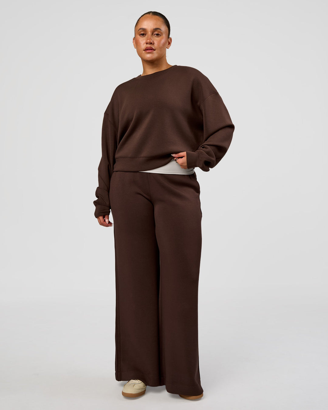 Woman wearing CF Elevate SoftTouch Pintuck Sweater - Hot Chocolate | Model:Simmy | Size:M