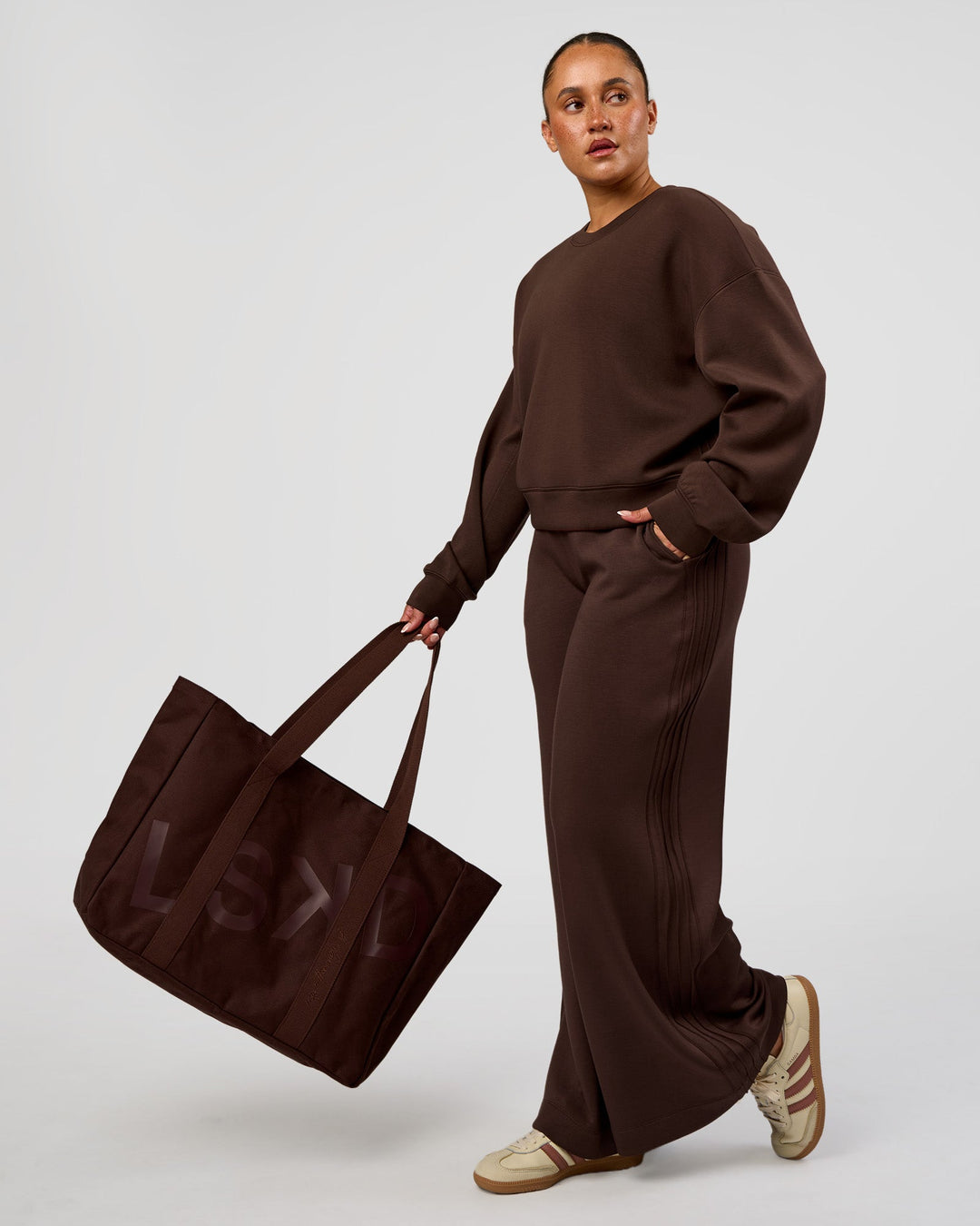 Woman wearing CF Elevate SoftTouch Pintuck Sweater - Hot Chocolate | Model:Simmy | Size:M