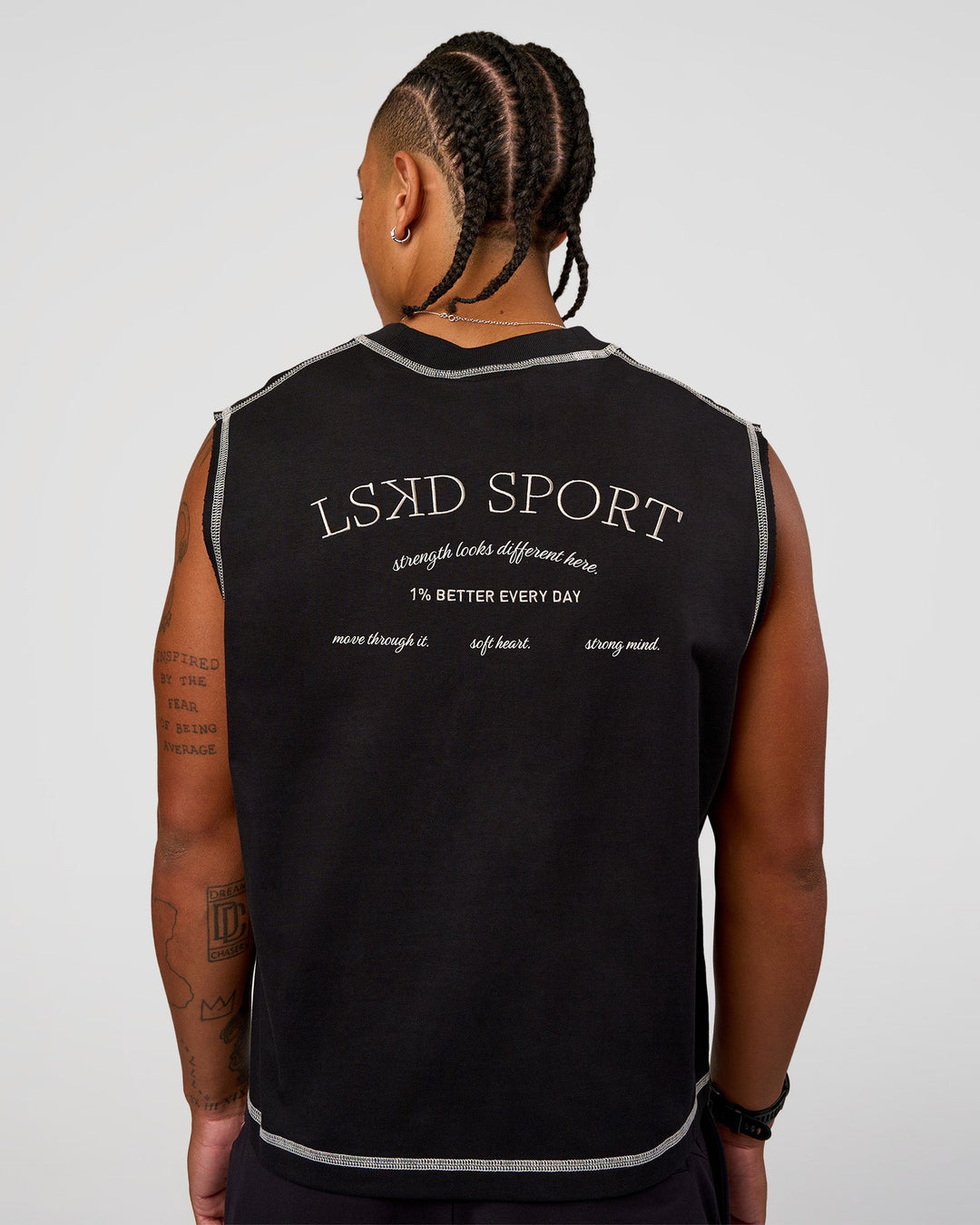 Man wearing CF Unisex Oversized Heavyweight Boxed Tank - Black-CF X LSKD Sport | Model:Malebo | Size:M