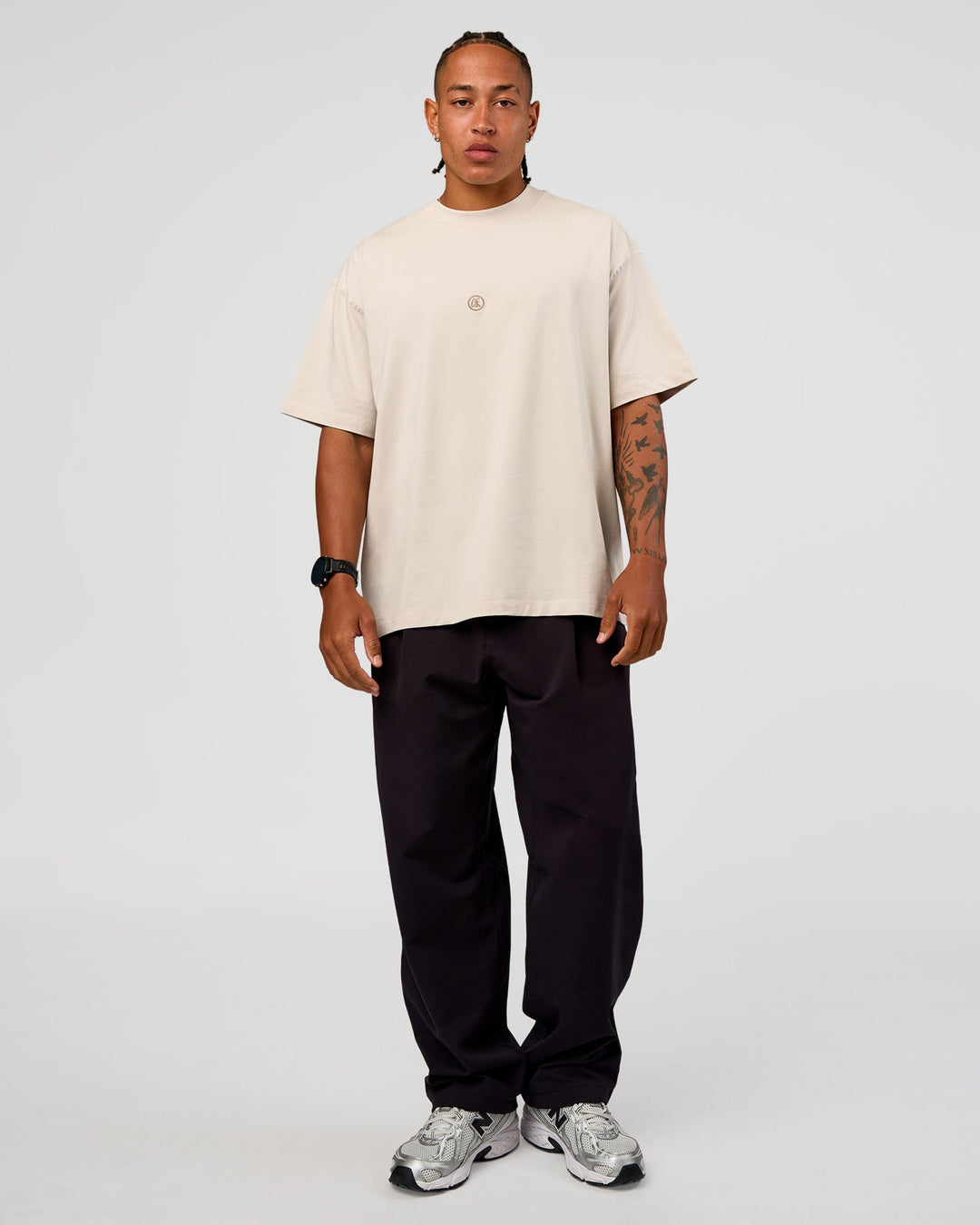 Man wearing CF Unisex Oversized Heavyweight FLXCotton Tee - Clay-CF X LSKD Sport | Model:Malebo | Size:M