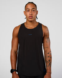 Man wearing Cadence Run Club Script Values Tank - Black-Palace Blue | Model:Malebo | Size:M