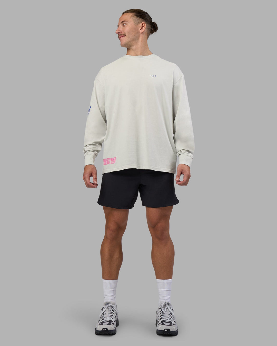 Man wearing Cali FLXCotton Oversized Long Sleeve Tee - Digital Mist Washed | Model:Jaiden | Size:M
