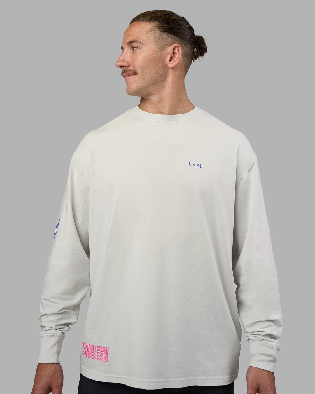 Man wearing Cali FLXCotton Oversized Long Sleeve Tee - Digital Mist Washed | Model:Jaiden | Size:M
