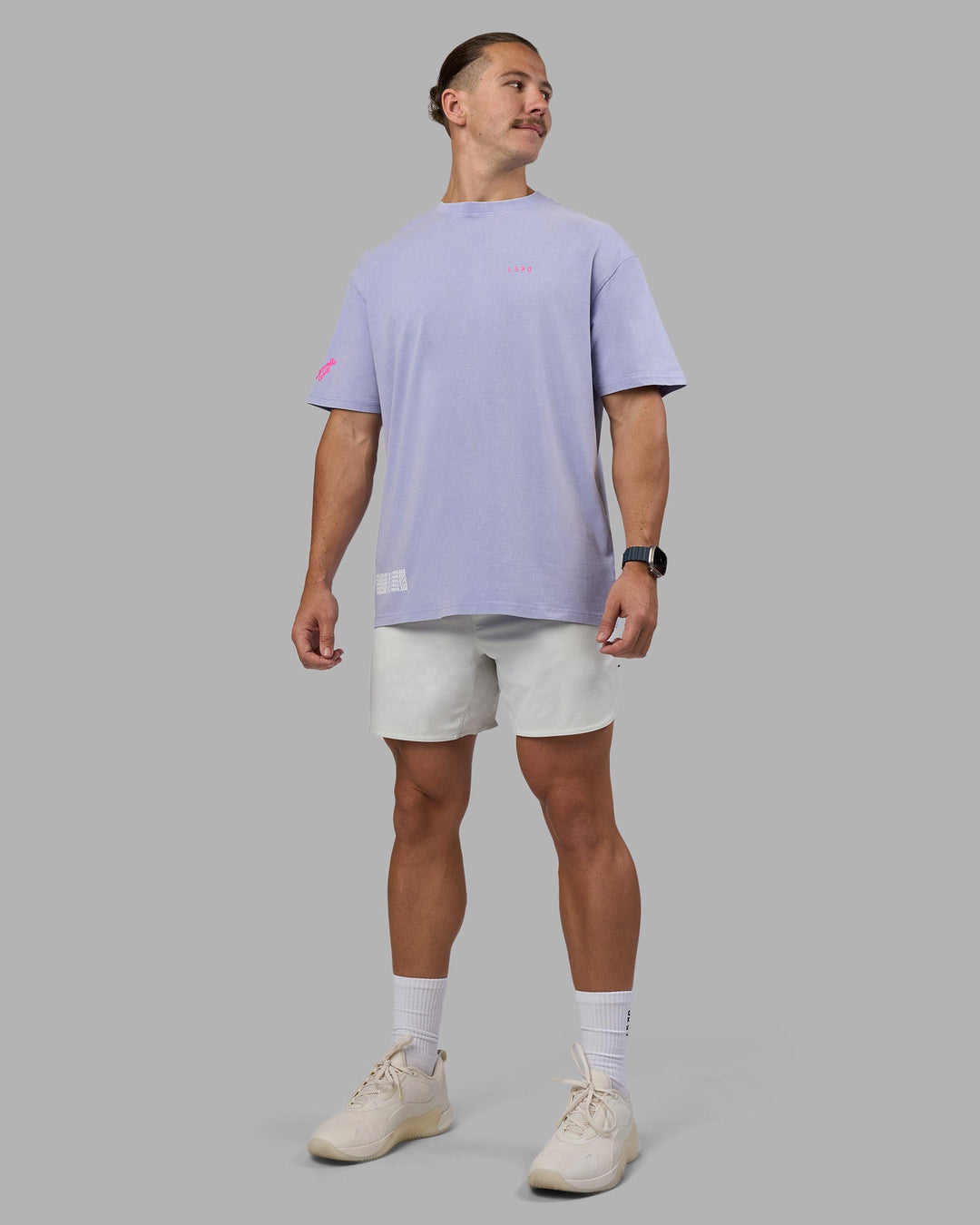 Man wearing Cali FLXCotton Oversized Tee - Sweet Lavender Washed | Model:Jaiden | Size:M