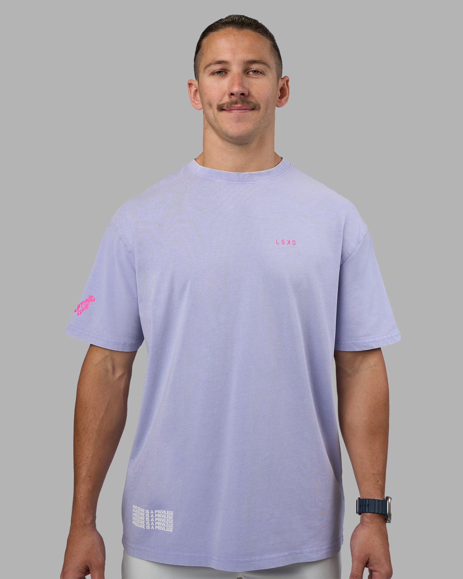 Man wearing Cali FLXCotton Oversized Tee - Sweet Lavender Washed | Model:Jaiden | Size:M