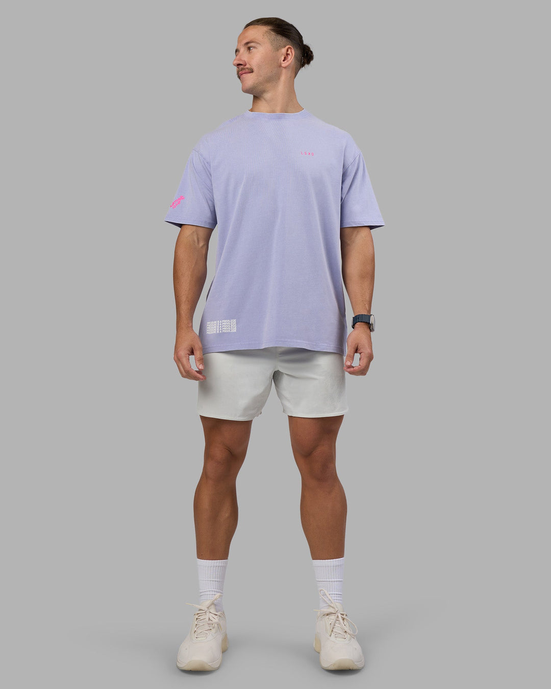 Man wearing Cali FLXCotton Oversized Tee - Sweet Lavender Washed | Model:Jaiden | Size:M