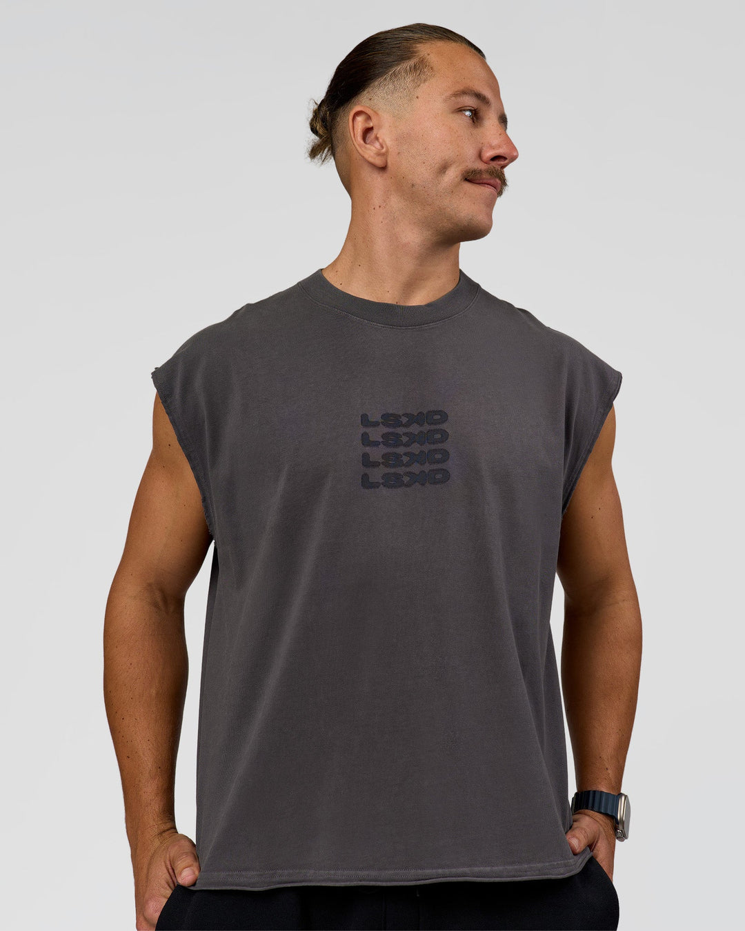 Man wearing Move Fast Heavyweight Boxed Tank - Dark Storm Washed | Model:Jaiden | Size:M