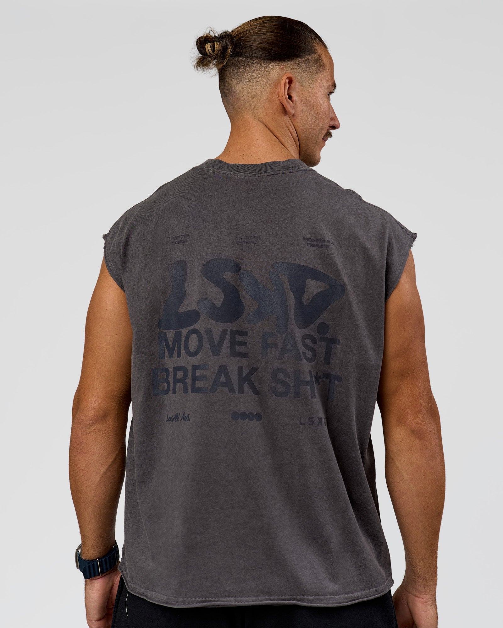 Man wearing Move Fast Heavyweight Boxed Tank - Dark Storm Washed | Model:Jaiden | Size:M